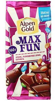Шоколад Alpen Gold MaxFun с арахисом драже карамелью 160 г